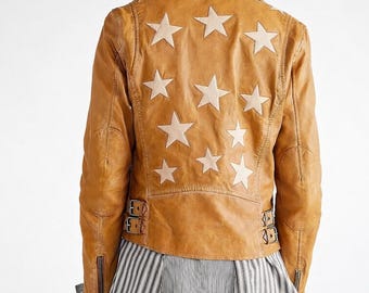 Chaqueta de cuero con parche de estrella para mujer – Chaqueta motera negra estilo vintage – Traje rockero – Chaqueta de disfraz de Halloween – Regalo de Navidad para ella