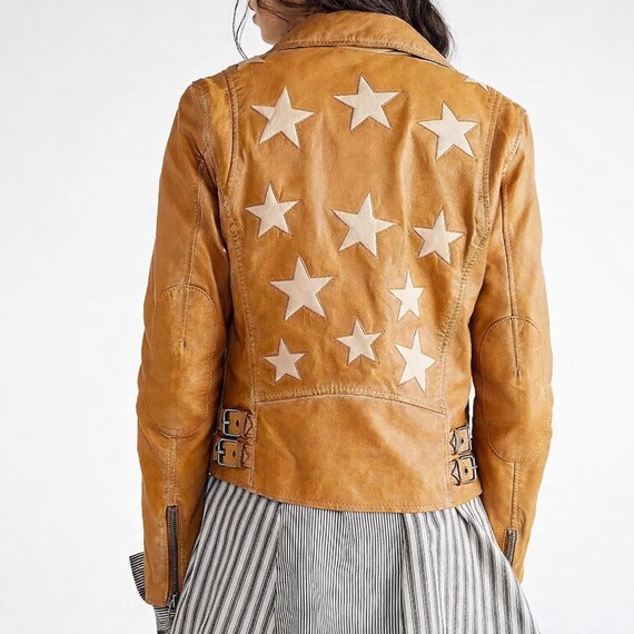 Star Patch Leather Jacket for Women – Vintage Style Black Moto Jacket – Rocker Outfit – Halloween Costume Jackets – Christmas Gift for Her