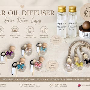 May include: Car oil diffuser set with two 10ml bottles, clip and lace diffusers, and a tester. The set includes a variety of colorful butterfly designs. The text on the bottles reads "Matilda Rose".