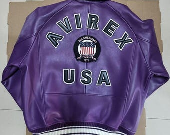 Men's Classic Purple AVIREX ICON Leather A1 BOMBER Jacket Aviator Style