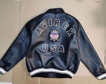 New Men's Black Avirex Cowhide Leather Icon Bomber Jacket Military Style