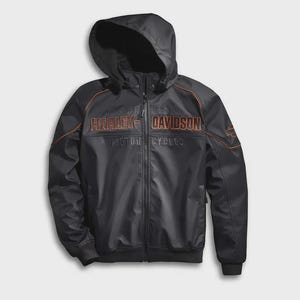 May include: Black Harley-Davidson hooded jacket with orange stitching and logo. The jacket features a full zipper, a hood, and the Harley-Davidson logo across the chest. The jacket is made of a durable material.