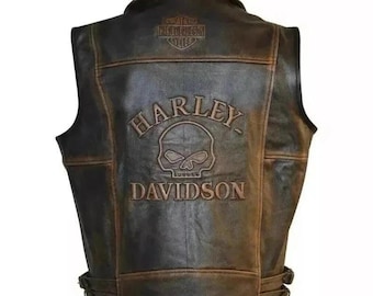 Gilet da motociclista da uomo Harley Davidson con teschio e nocche rinforzate in pelle effetto invecchiato.
