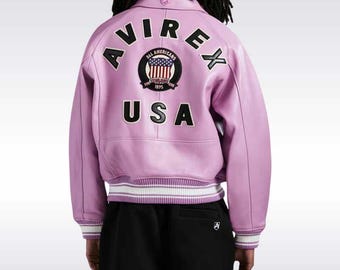 Mens Avirex Pink Bomber Lethrr Icone Cowhide Jacket