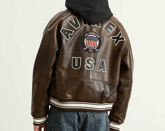 AVIREX Men's Classic Brown Cowhide Leather Icon Bomber Jacket Military Style