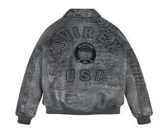 Avirex Grey crocodile Leather A1 BOMBER Jacket Mens All Black New ALL SIZES Unisex
