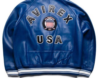 Mens Blue Avirex Cowhide  Leather Icon Bomber  Jacket