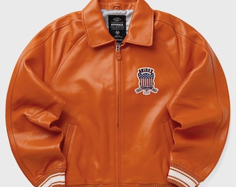 New Men's Orange Avirex Cowhide Leather Icon Bomber Jacket Military Style