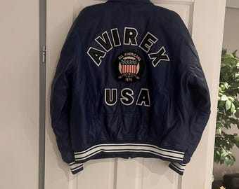 New AVIREX Blue F1 Aviator Flight Icon Bomber Real Cowhide Leather Jacket Mens