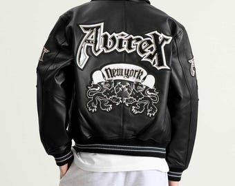 AVIREX Men's Classic Black GOTH Cowhide Leather Icon Bomber Jacket Military Style