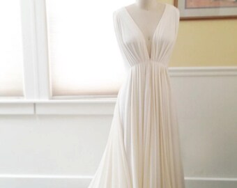 Deep V Pleated Couture Wedding Gown - Deep V Back - Silk Jersey Custom Made Wedding Dress - Ethereal - Bohemian - Madam Gres Style