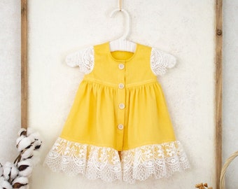 Yellow Button Up Lace Dress - Linen Dress - Girls Clothing - Baby and Toddler