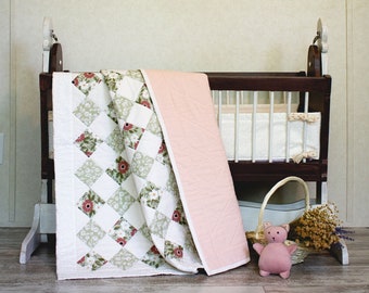 Handmade Lattice Quilt in Olive Green Floral for Baby
