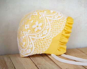 Yellow Ruffle Bonnet with White Lace - Baby Bonnet - Lace Bonnet