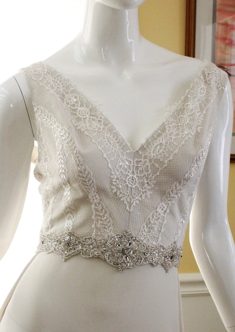 Vintage Inspired Wedding Dress Ivory Wedding Gown Low Back Lace Bodice Dress with Deep V Neckline image 4