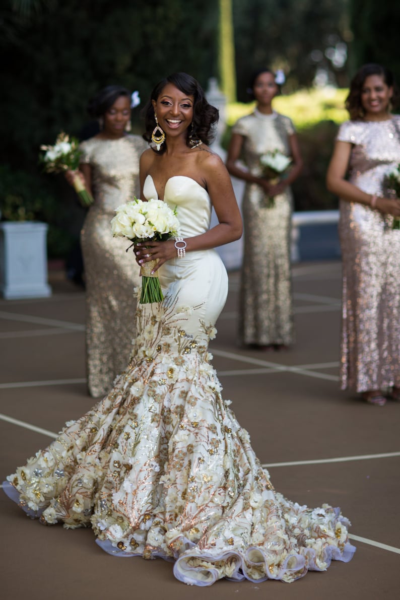 Couture Wedding Dress Silk Bridal Gown with Gold Floral Etsy