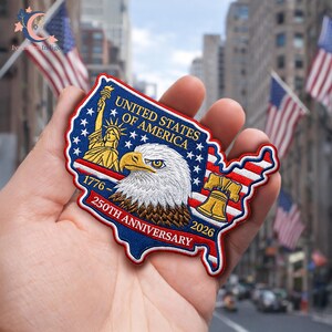 USA Map America 250 Embroidery Patch, 250th Anniversary United States Patch, Patriotic Eagle, Liberty Bell, 250th American Flag Eagle Patch