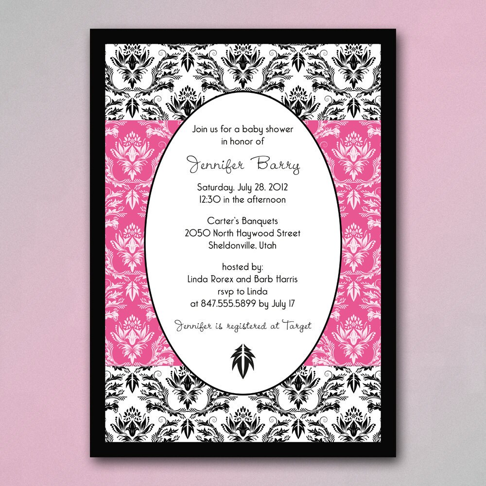 Hot Pink and Black Baby Shower Invites with Modern Damask | Etsy