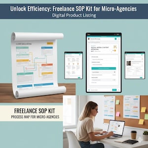 Pode incluir: Imagem de um anúncio de produto digital para um kit SOP Freelance para Micro-Agências. A imagem inclui um diagrama enrolado, tablets e um laptop exibindo conteúdo SOP. O texto diz "Unlock Efficiency" e "Freelance SOP Kit". Uma mulher está trabalhando em um laptop.
