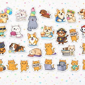 May include: A collection of colorful stickers featuring cartoon cats and dogs in various outfits and poses. Some stickers show animals with accessories like sunglasses, hats, and balloons. The stickers are on a white background with colorful confetti.