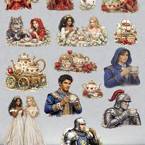 以下が含まれることがあります： お茶を楽しむ様々なキャラクターを描いたデジタルイラストのコレクション。王族、オオカミ、騎士などが、花のアレンジメントやティーカップとともに描かれています。赤、金、青を基調とした豊かな色彩です。