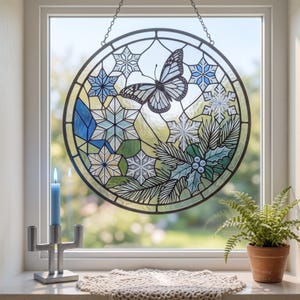 Enfeite de janela redondo em vidro com borboleta e floco de neve, moldura de metal, decoração botânica de pinheiro de inverno, 15-30 cm (5,9"-11,8")