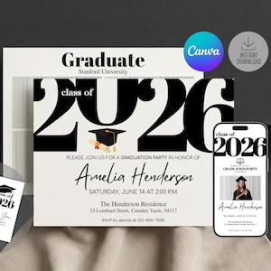 Puede incluir: Invitación y etiquetas para la fiesta de graduación con el texto "class of 2026" y "Amelia Henderson". La invitación incluye la fecha, la hora y el lugar. Un smartphone muestra la invitación. También se ve un birrete.