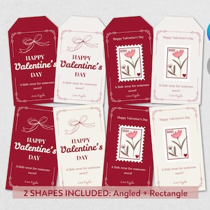 May include: Valentine's Day gift tags in red and cream, featuring floral stamp designs and bow illustrations. Text includes "Happy Valentine's Day" and "A little treat for someone sweet!" Two shapes are included: angled and rectangle.