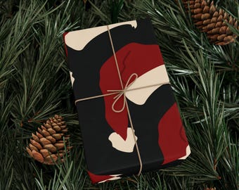 Red Santa Hat Gift Wrapping Paper | Black Maroon Cream Pattern Holiday Wrapping Paper