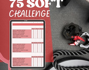 May include: A fitness-themed image with the text "75 SOFT CHALLENGE" in white. A tablet displays a checklist for daily tasks, including diet, workouts, and water intake. Weights, a barbell, and a rope are also visible, suggesting a workout routine.