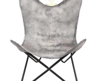 Silla mariposa de cuero gris envejecido, sillón moderno de mediados de siglo, asiento auxiliar de estilo industrial bohemio, cuero genuino cosido a mano y negro.
