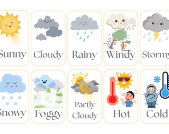 Weather Flashcards for Kids | Preschool Weather Vocabulary | Sunny Rainy Cloudy Printable  Learning PDF