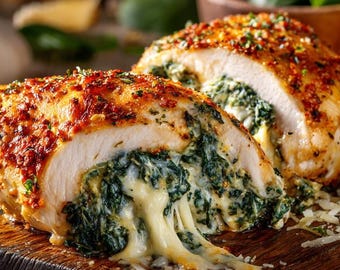 Receta de pollo relleno de espinacas y queso (PDF): Pechuga de pollo al horno fácil, relleno cremoso (Descarga digital)