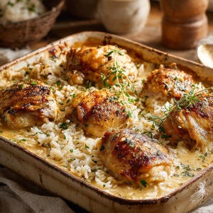 Receta de pollo y arroz cremoso al horno: Una cena familiar fácil en un solo plato (Descarga digital)