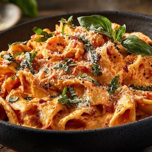 Könnte beinhalten: Nahaufnahme einer Schüssel mit Penne-Nudeln in cremiger Tomatensauce, garniert mit frischem Basilikum und geriebenem Käse. Die Sauce hat eine leuchtend orange Farbe. Das Gericht wird in einer dunklen Schüssel auf einem Holztisch serviert.