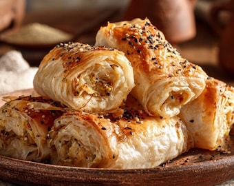 Receta auténtica de panecillos turcos Börek: Clase magistral de masa crujiente con queso feta y hierbas (Descarga digital en PDF)