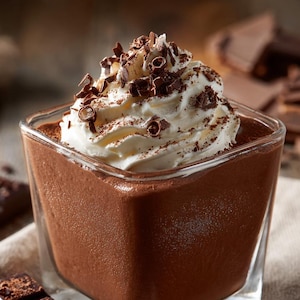 Op de afbeelding: Een vierkant glas gevuld met chocolademousse, gegarneerd met slagroom en chocoladeschaafsel. Stukjes pure chocolade zijn rond het glas verspreid, wat een dessertsfeer creëert.