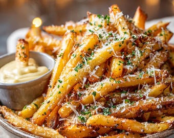 Receta de Papas Fritas con Trufa y Parmesano: Papas Fritas Crujientes con Alioli de Ajo (Descarga Digital)