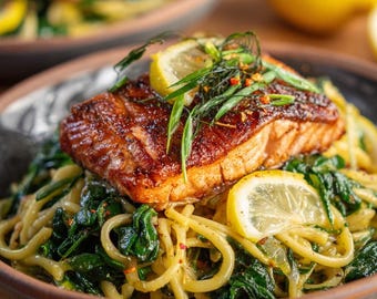 Pasta vegana estilo salmón con limón y eneldo: una cremosa alternativa vegetal al marisco (descarga digital)