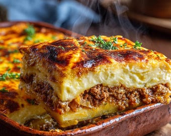Auténtica receta balcánica de moussaka: Plato tradicional al horno de patatas y carne picada (Descarga digital en PDF)