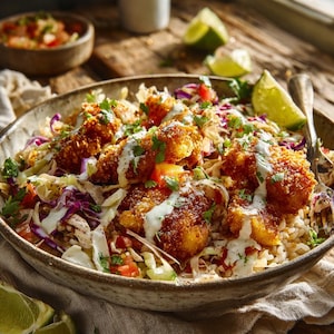 May include: A close-up shot of a bowl filled with a colorful meal. The bowl contains fried food, rice, shredded cabbage, tomatoes, and a creamy white sauce. Lime wedges and fresh herbs garnish the dish, set on a wooden surface.