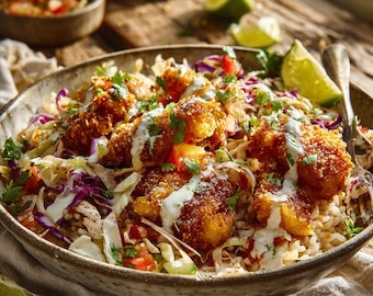 Receta de tazones de tacos de pescado crujientes: Arroz saludable con cilantro y limón (Descarga digital PDF)
