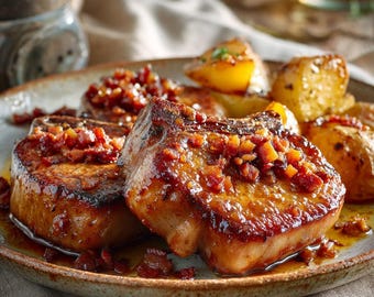 Chuletas de cerdo glaseadas con tocino y jarabe de arce: Receta pegajosa y dulce al estilo de restaurante en 25 minutos (Descarga digital en PDF)