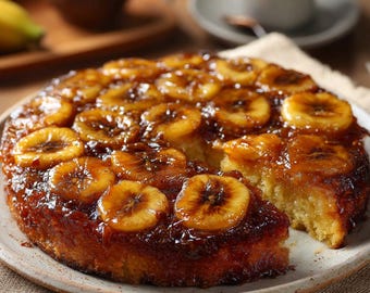 Pastel invertido de plátano caramelizado con ron: Receta de postre vintage húmedo y pegajoso (PDF digital)