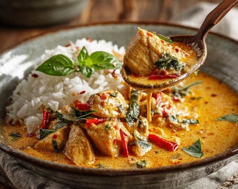 Pollo al curry con coco tailandés: Receta de curry rojo fácil de 30 minutos (Descarga digital en PDF)