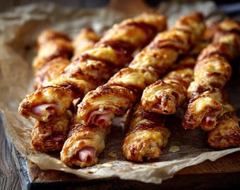 Receta de palitos de hojaldre rellenos de jamón y queso: un delicioso y crujiente bocadito de hojaldre con queso (descarga digital en PDF).