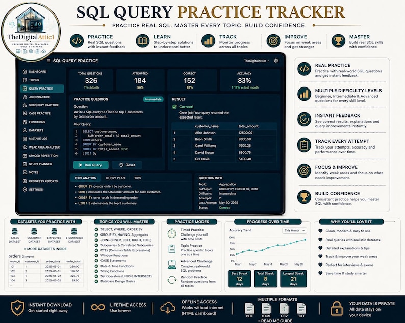 Pacchetto di fogli riassuntivi SQL + strumento di monitoraggio della pratica delle query / Guida allo studio SQL immagine 4
