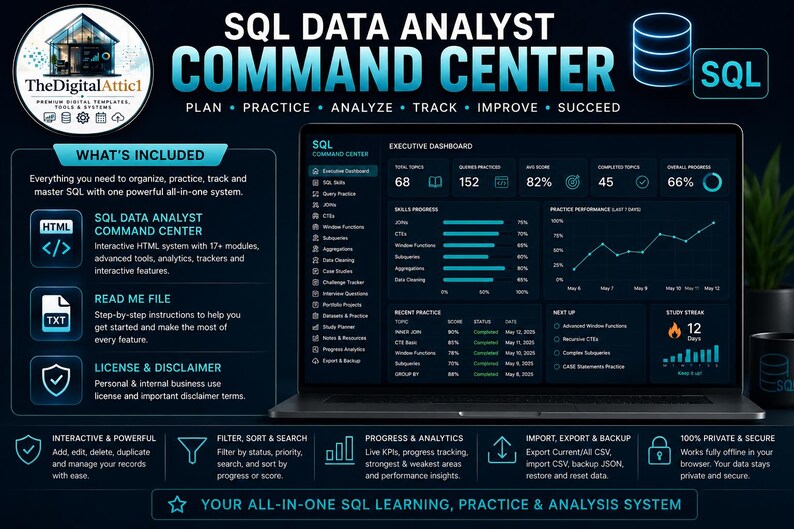 SQLデータアナリストコマンドセンター | SQL学習プランナー、クエリ練習、ポートフォリオプロジェクト＆面接トラッカー | インタラクティブHTMLダッシュボード 画像 13