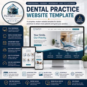 May include: A digital website template for dental practices featuring a desktop monitor, tablet, and smartphone displaying a BrightSmile dental care site. The layout includes text headers, service icons, and a blue and white color scheme with professional design elements.