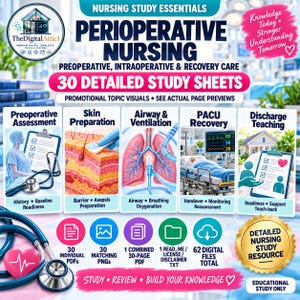 May include: A digital nursing study resource titled Perioperative Nursing featuring 30 study sheets covering preoperative, intraoperative, and recovery care. Includes icons for 30 PDFs, 30 PNGs, a combined PDF, and a license file, totalling 62 digital files.